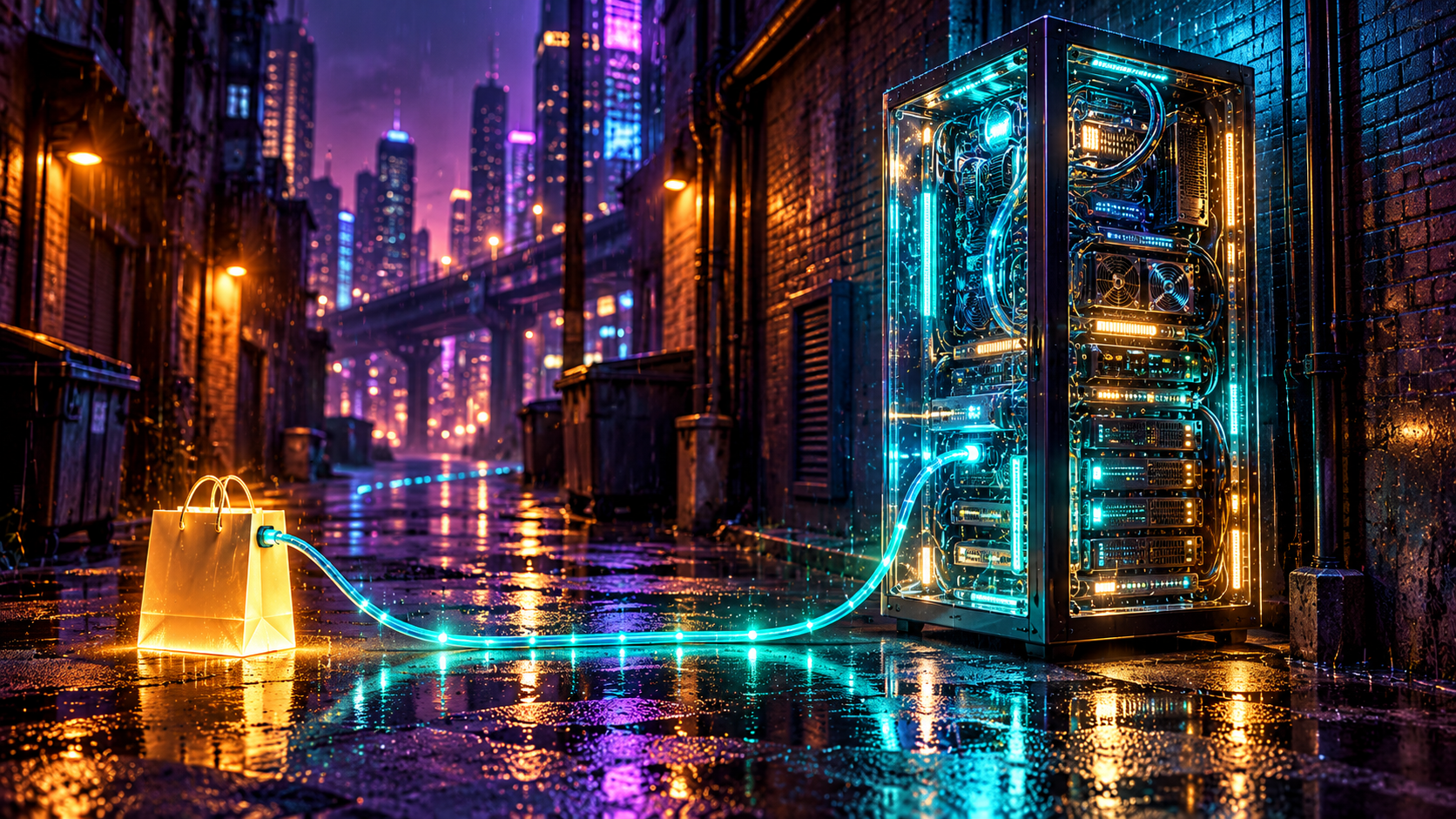 Transparent server tower with a neon affiliate link running to a shopping bag, all wiring visible under teal cyberpunk light