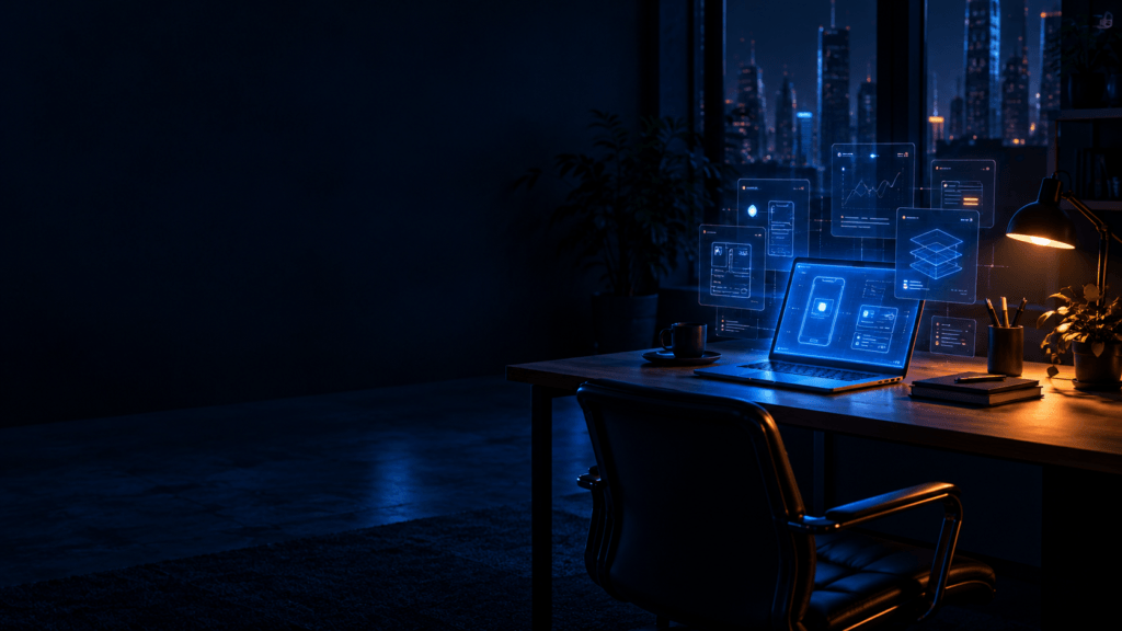 A laptop glowing on a dark desk at night, with holographic wireframes of a digital product taking shape above it.