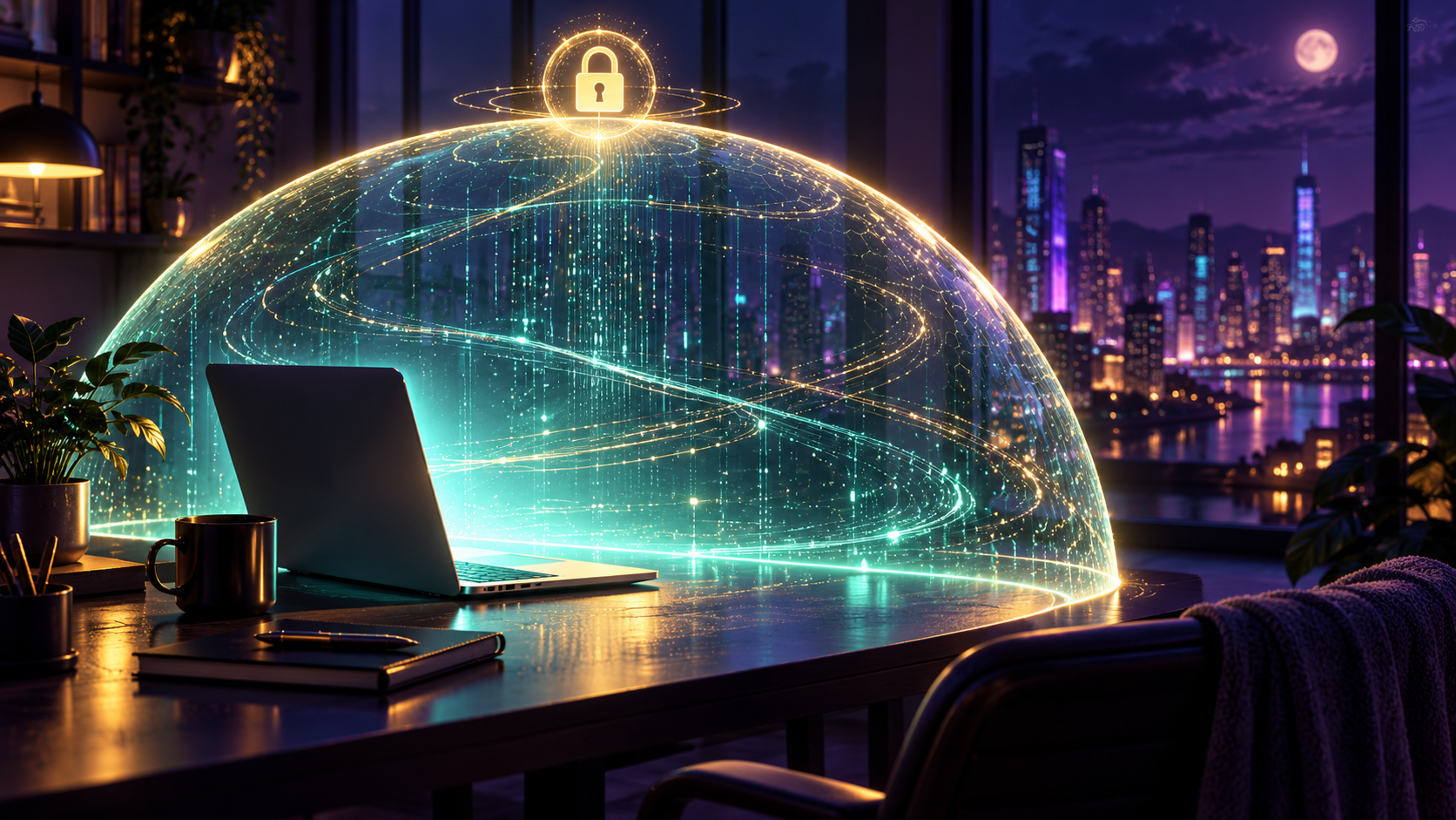 Glowing privacy shield over a laptop in a violet cyberpunk room, keeping quiz data streams safely inside its dome