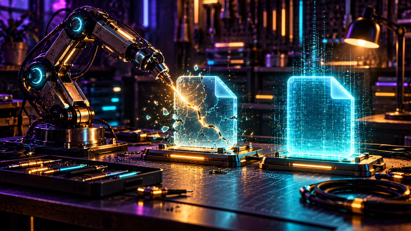 Robotic arm repairing a cracked holographic download file into a fresh glowing copy on a violet-lit cyberpunk workbench