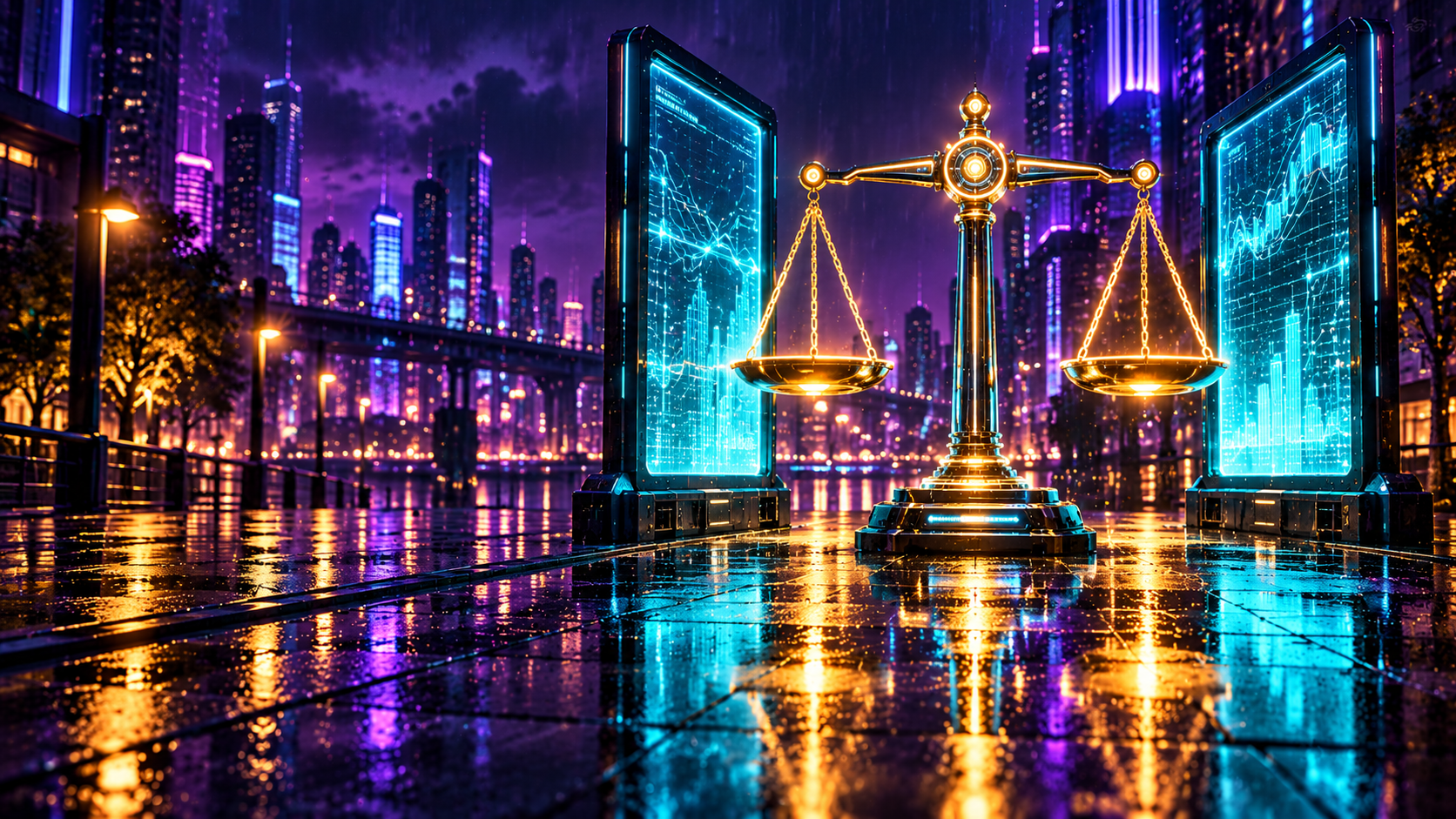 Balanced scale made of neon light between two glowing screens, reflected on a rain-slick cyberpunk street at night